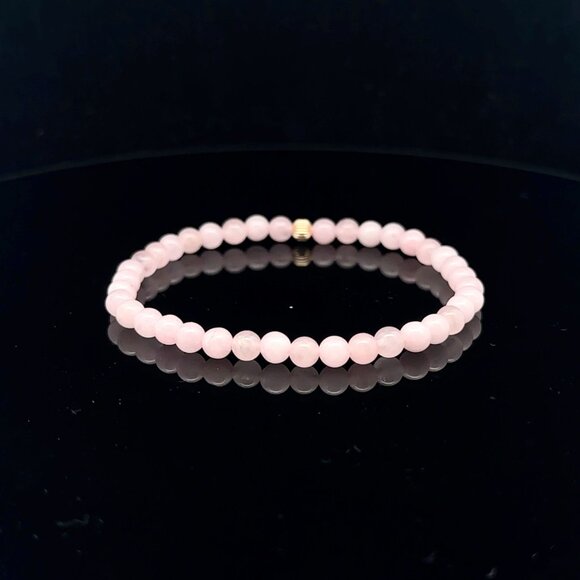 Gemstones Rose Quartz Mini 4mm Stretchable Bracelet 14k Gold Corrugated Bead - Picture 4 of 6